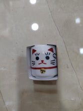Charger l'image dans la galerie, Gros plan sur le pot en céramique blanc décoré d'un visage de chat Maneki Neko dans sa boîte.