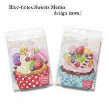Charger l'image dans la galerie, Deux sachets de blocs-notes de la marque japonaise Amifa en forme de cupcakes illustrés, l'un rouge à pois avec macarons et crème, l'autre bleu fleuri avec fruits frais.