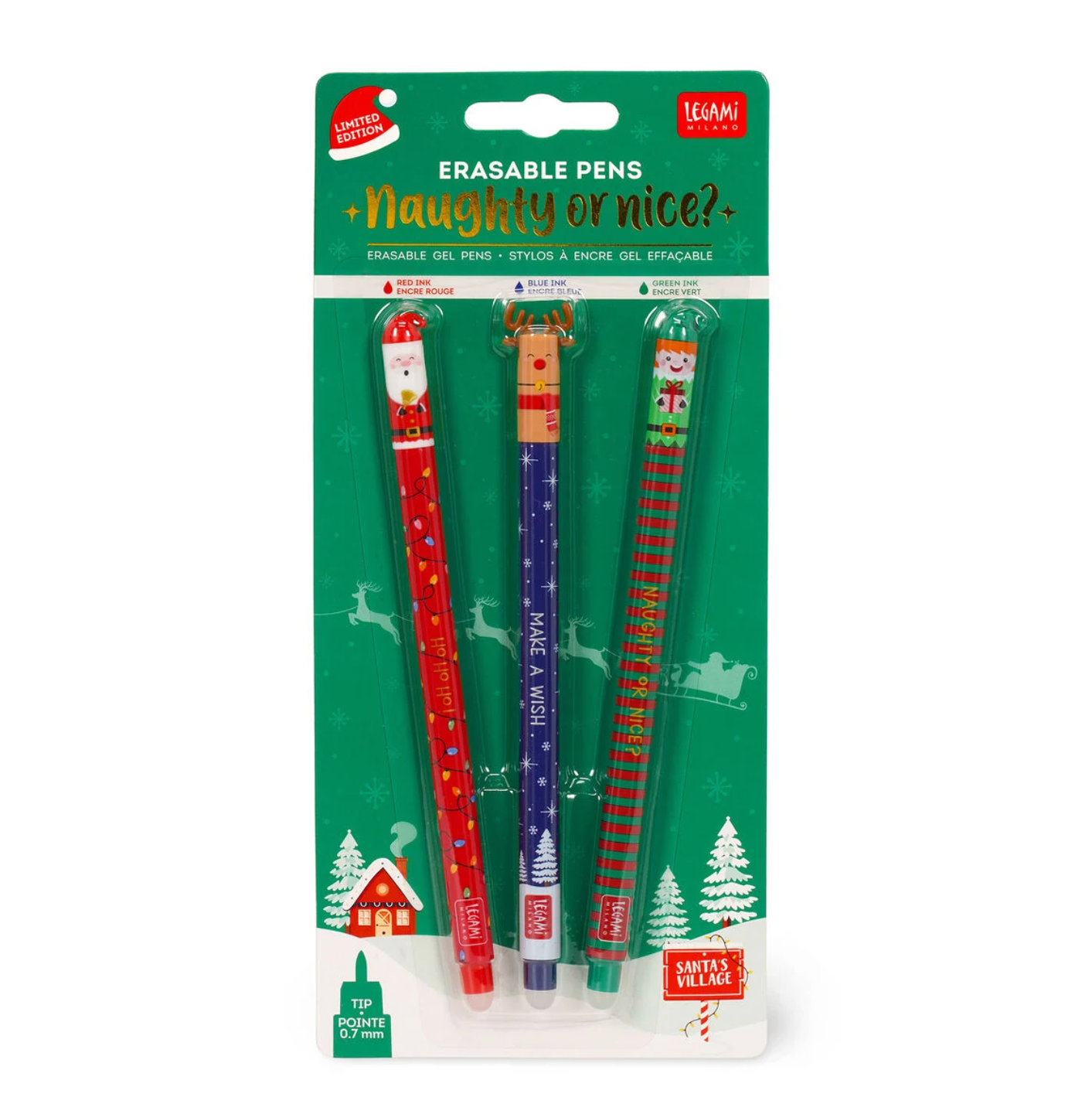 Legami - Lot De 3 Stylos Gel Effaçables, édition Noël, Stylos à Encre
