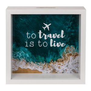 Tirelire cadre en bois - "To travel is to live"